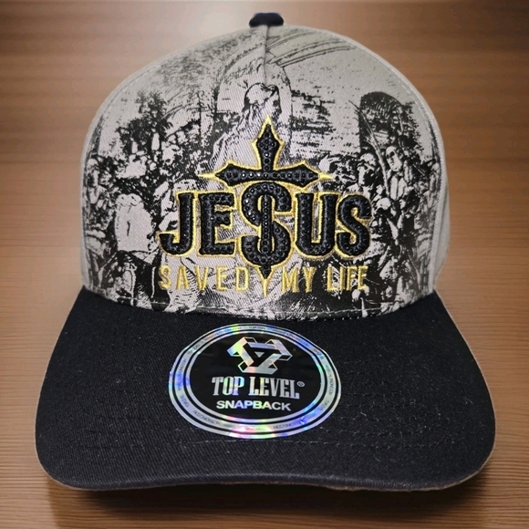 Top Level Other - Top Level Jesus Saved My Life  Snapback Hat Black Rhinestones Gray Christian Cap
